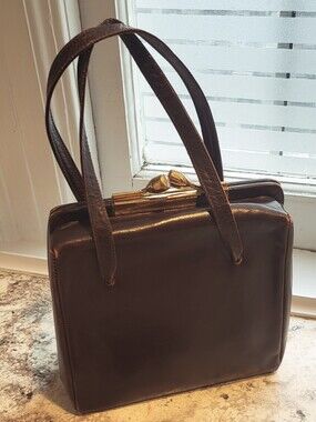 Normandie Brand Vintage Classic Dark Brown Leather Tote Bag with Gold-Tone Frame